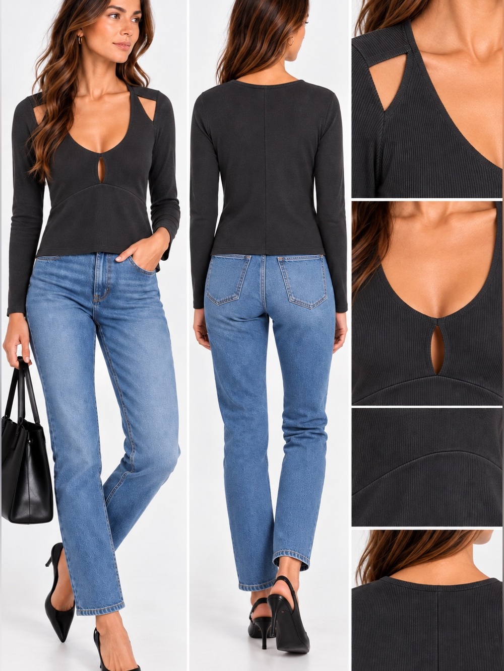LNA Black Ribbed Cutout Shoulder Deep V Neck Top Size L NWT